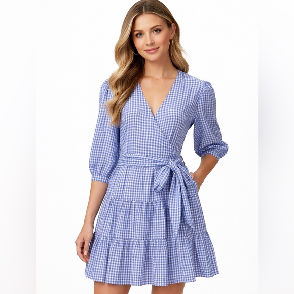 Lauren Ralph Lauren sz 16 blue and white checked 100% linen tieredwrap dress Lauren Ralph Lauren sz 16 blue and white checked 100% linen tieredwrap dress